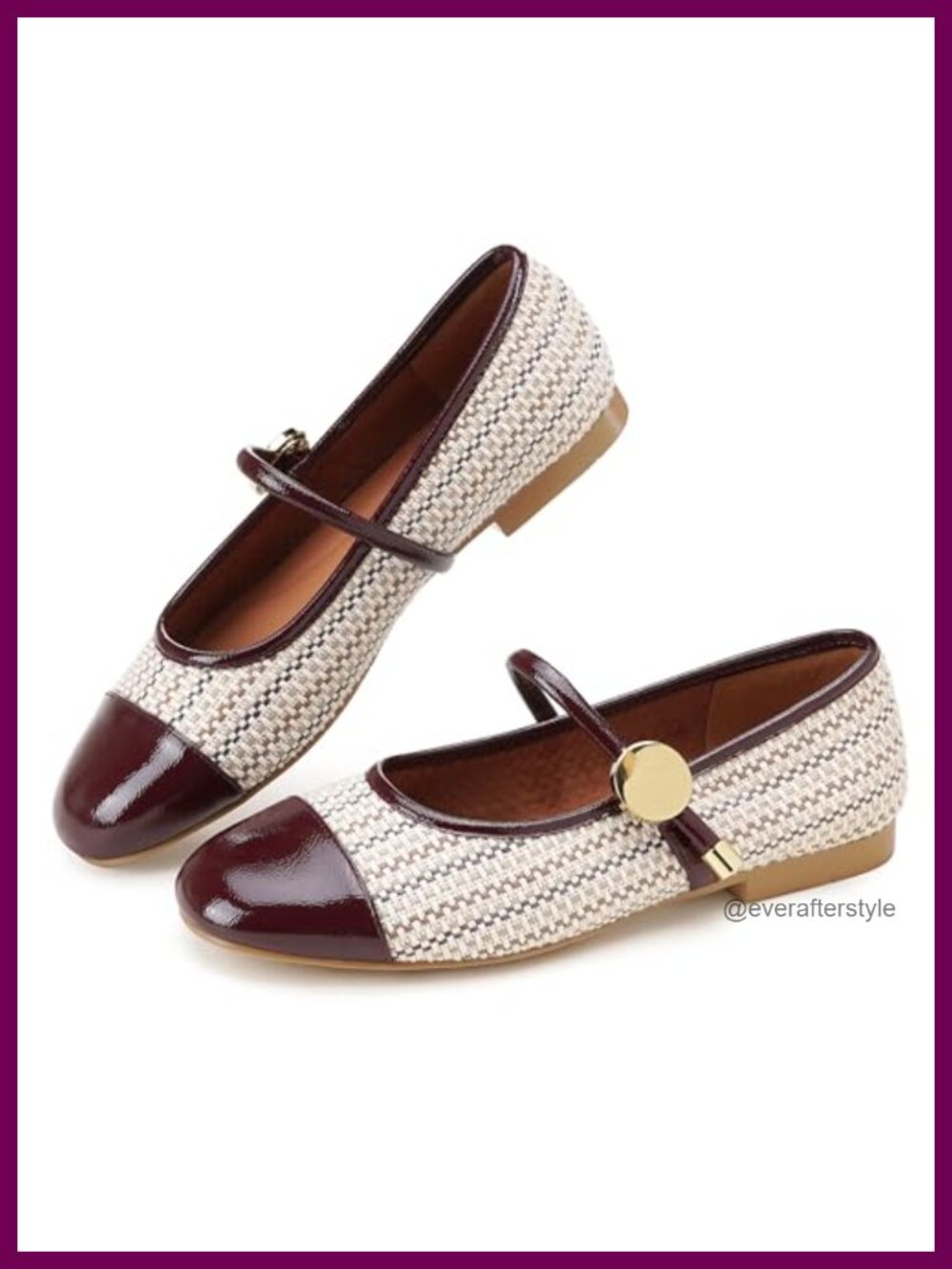 Tweed Mary Jane Flats Two Tone Cap Toe Ballet Flat with Ankle Strap Slip On